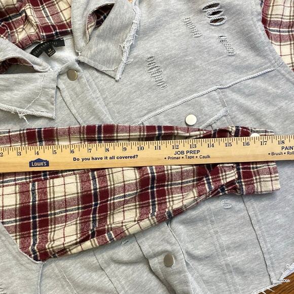 Dance & Marvel Grunge Distressed Ripped Detachable Hoodie Plaid Denim M Gorpcore - Picture 5 of 14